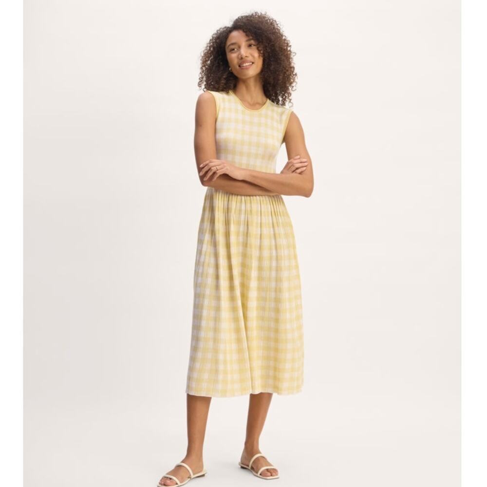 $198 NWT Everlane The Knitted Pleated Dress Bone/Parsnip Gingham Size Large